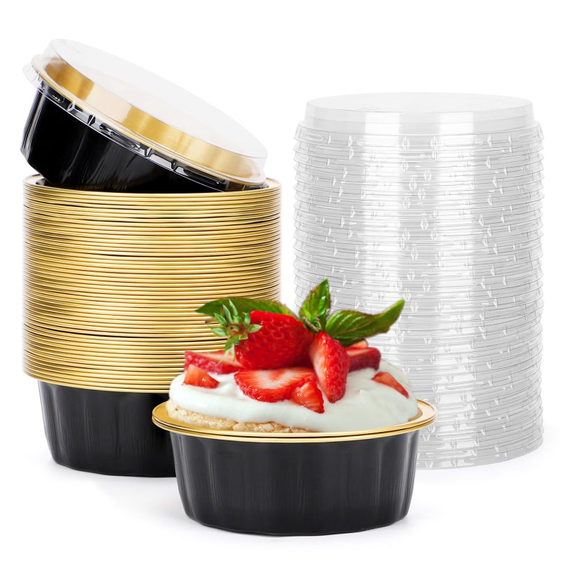 Beasea Disposable Ramekins with Lids, 8 oz 50 Pack Black Gold Aluminum Foil Cups, Disposable Creme Brulee Muffin Cupcake Baking Cup Mini Pudding Cups for Party Wedding Birthday - Image 1